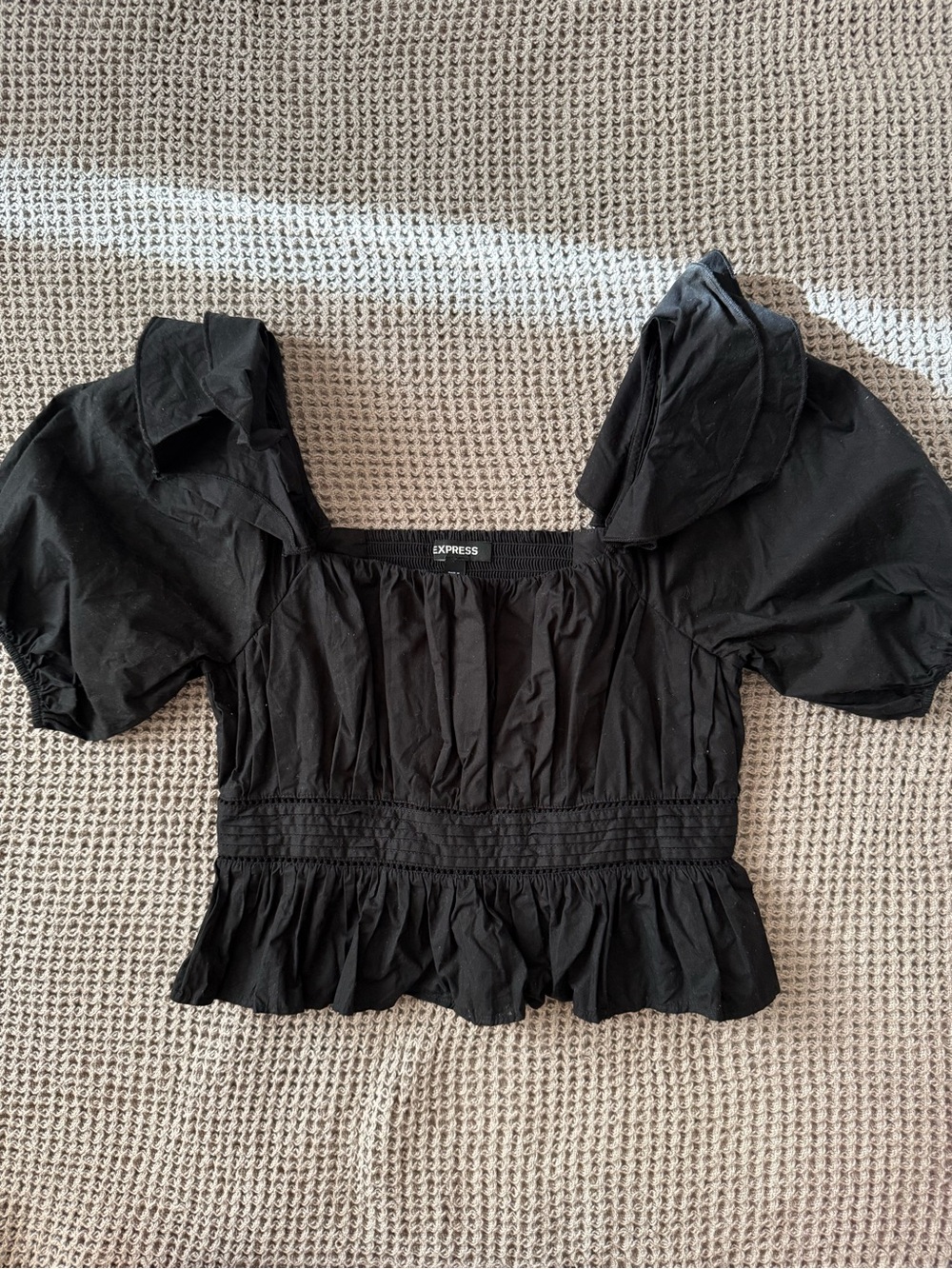 Express Black Puff-Sleeve Square-Neck Peplum Blouse
